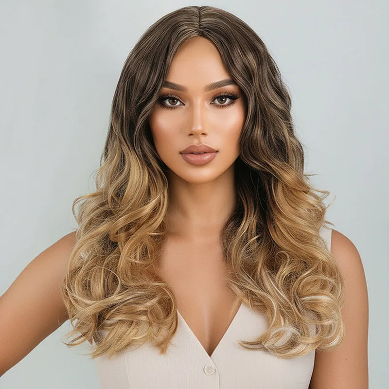 Wig, women's hair with bangs, long curly hair, milk tea brown gradient full head cover-Synthetic fiber wig