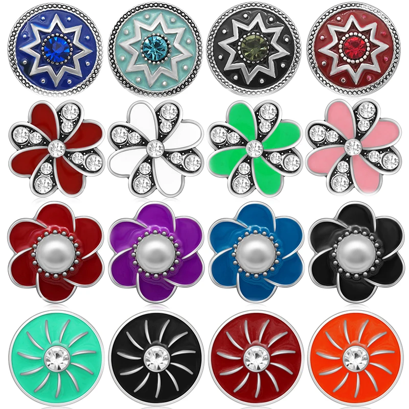 Colorful Rhinestone Oil Beauty Flowers Rotating Round Metal 18mm Snap Buttons for DIY 18mm Snap Jewelry Accessories Women Gift