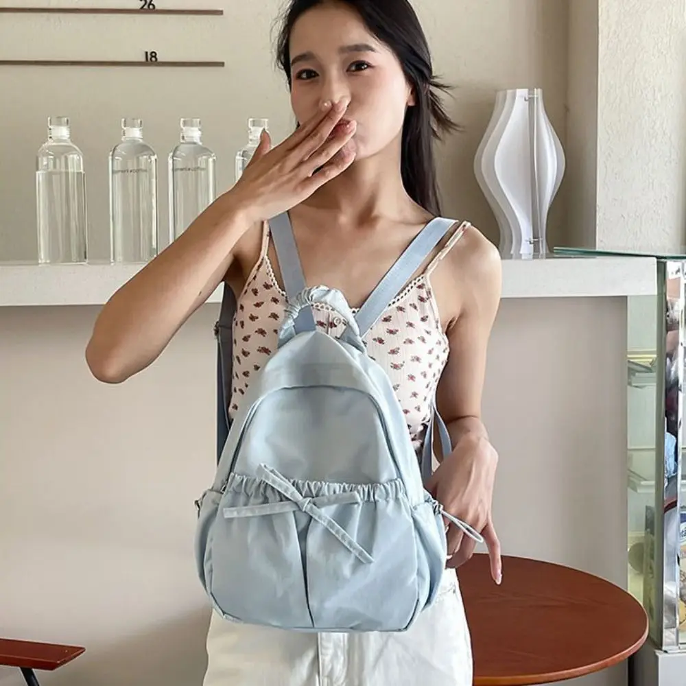 

Casual Handbag Bow Backpack Korean Style Wrinkle Nylon Backpack School Bag Large Capacity Shoulders Bag Office Worker