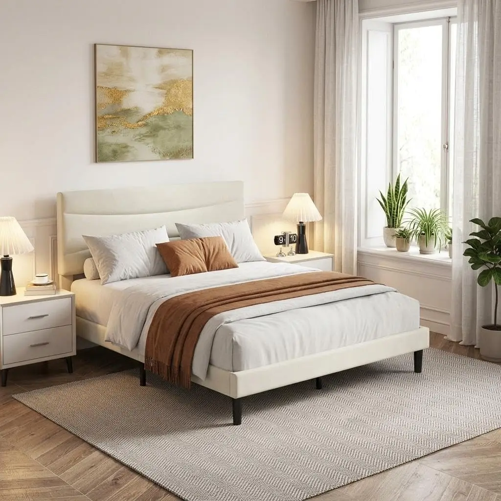 IDEALHOUSE Queen Size Upholstered Platform Bed Frame with Ergonomic Headboard, Beige Soft Fabric, Heavy Duty Wooden Slats, Noise
