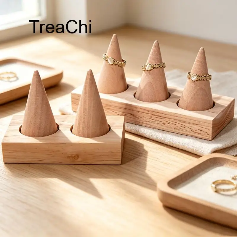 1 PCS Natural Wooden Conical Ring Display Stand for Organizing and Displaying Multiple Rings Offers a Variety of Display Styles