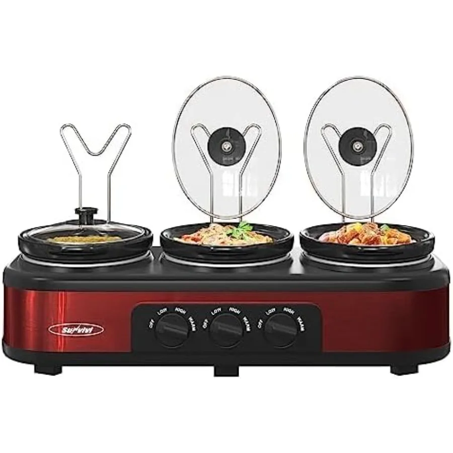 Triple Slow Cooker Buffet Server with 3 Removable Ceramic Pots Stainless Steel Red 3 Adjustable Temp Settings 3 Metal Lid Rests