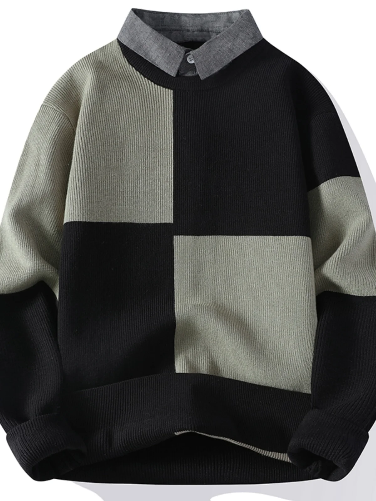 

Мужская вязаная рубашка с воротником, повседневная, осенне-зимняя, новая модная, в стиле колор-блок, в клетку, с рукавом три четверти, мягкая и комфортная