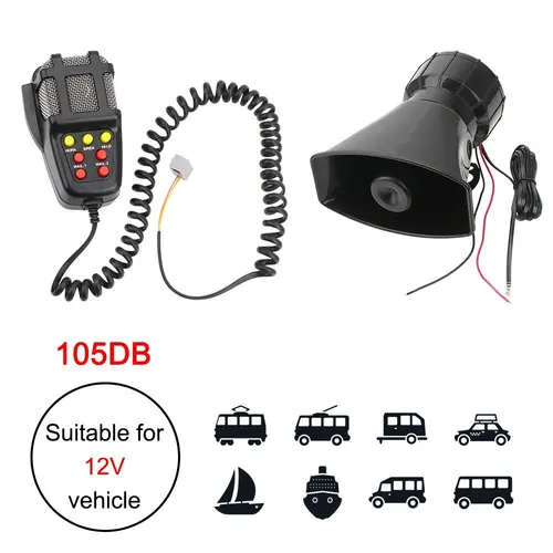 Imagen 2 del producto Sistema de micrófono PA, amplificador de emergencia, altavoces Hooter, bocina de coche ruidosa, sirena de policía, bocina de aire, tono megáfono, alarma de advertencia de coche de 12V 100W