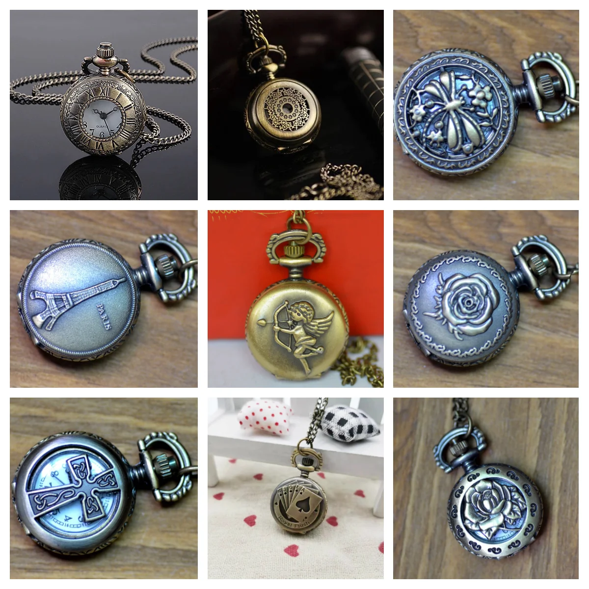 10 قطعة/الوحدة خمر ساعة الجيب الصغيرة Steampunk ساعة كوارتز مع سلسلة جوفاء غطاء القلب قلادة اللون البرونزي سبيكة فوب ساعة