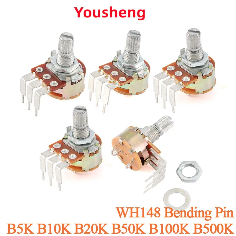 5pcs WH148 Linear Potentiometer Bending Feet With Switch B5K B10K B20K B50K B100K B500K 15mm Shaft 3pin Nuts Washers