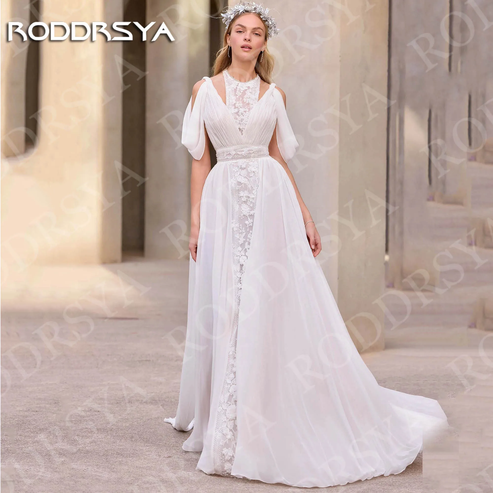 RODDRSYA Bohemian A Line Wedding Dress Lace Chiffon Appliques Elegant Off Shoulder Bridal Gown Long Customized robe de mariée