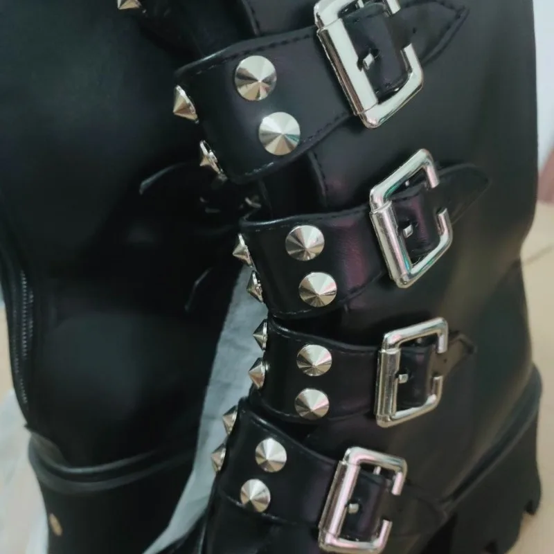 

Fashion Punk Belt Buckle Women Boots Cosplay Comfort Women's High Boots Leather Boot Wedges Gothic Style Women Boots Botas Mujer