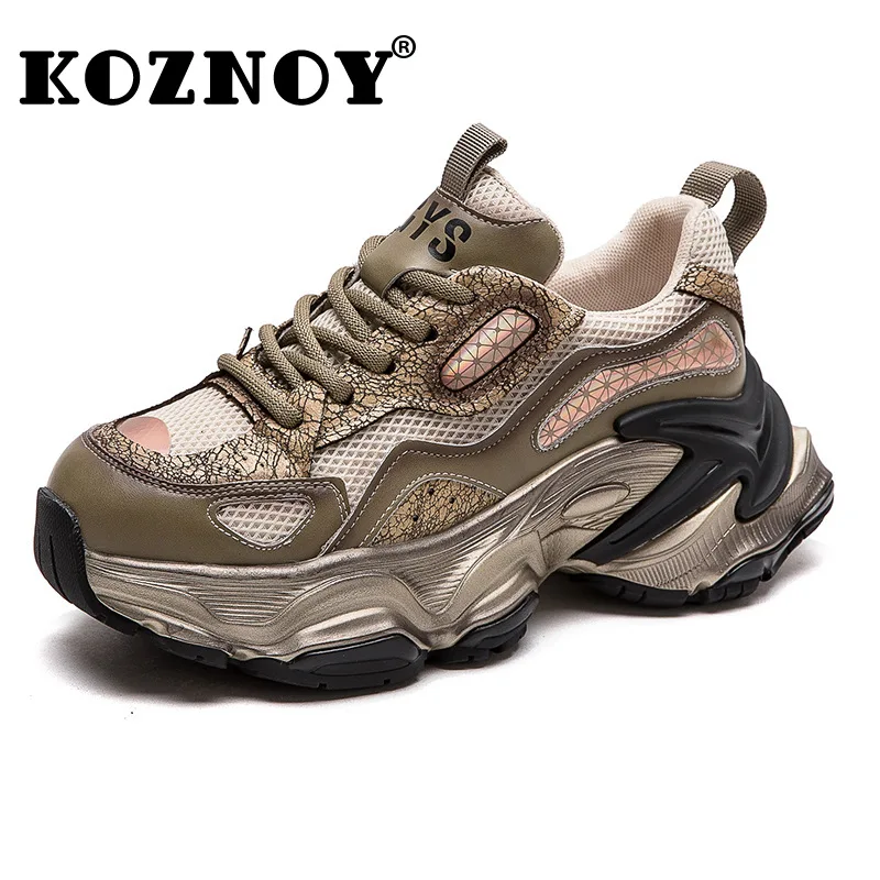 

Koznoy 6cm Air Mesh Genuine Leather Chunky Sneaker Comfy Spring Summer Mixed Color Ankle Boots Flats Booties Autumn Women Shoes