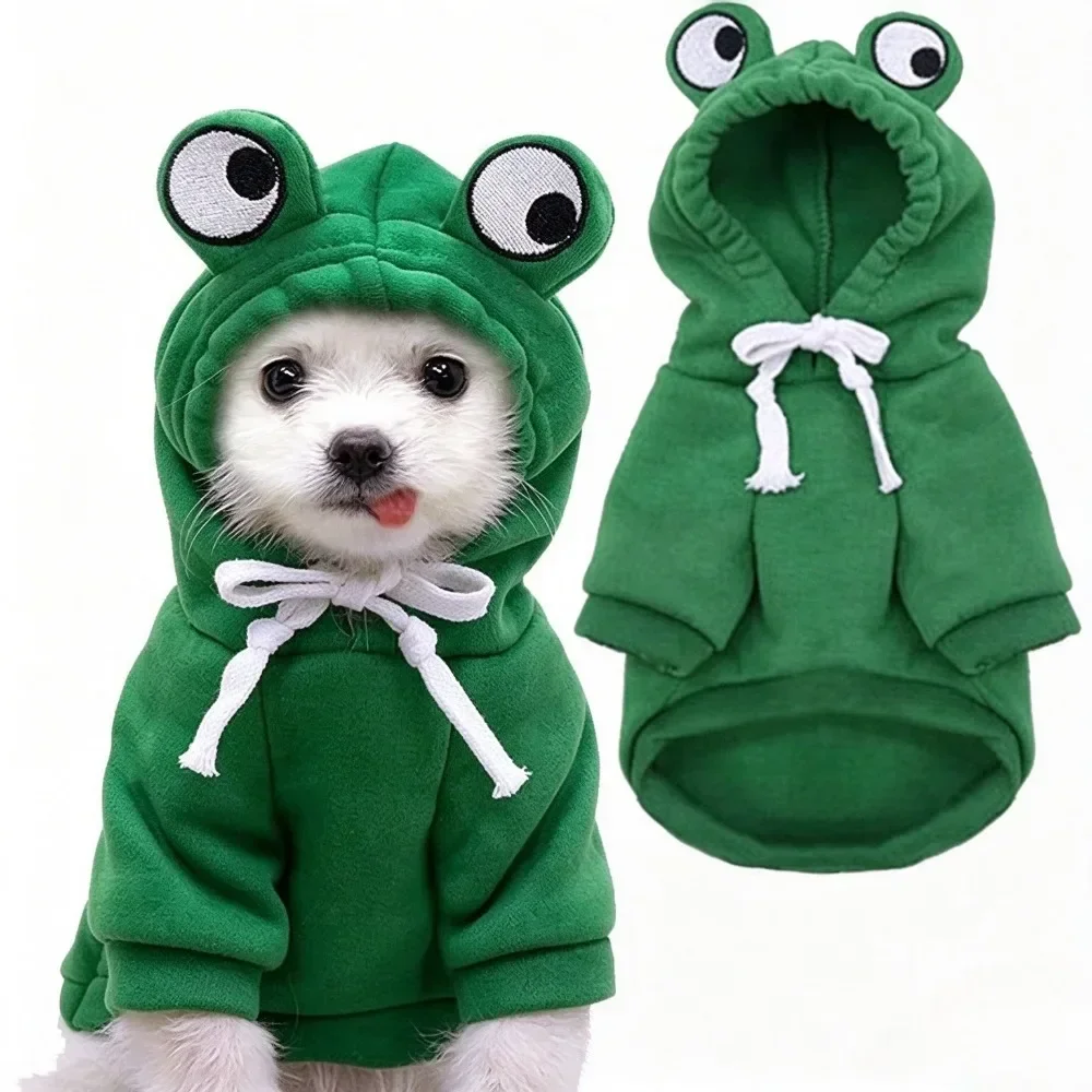 Dog Frog Hoodie Winter Warm Pet Clothes Fleece Puppy Sweatshirt with Drawstring Cute Pet Hooded Outfit for Small Dogs Cats