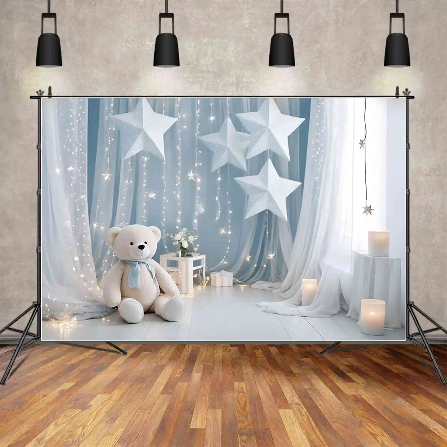 MOON.QG Star Balloon Birthday 1 Year Background Boys Teddy Bear Drapes Curtain Backdrop Custom Party Photography Accessories