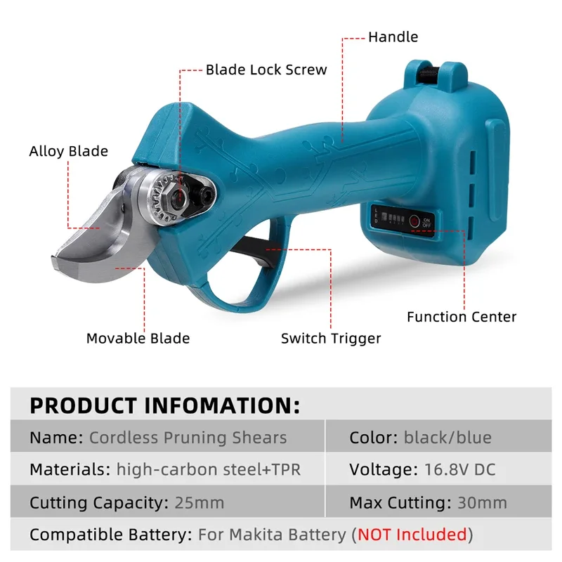 30mm 2 Gears Brushless Electric Pruner Shear Cordless Tree Branches Cutter Electric Pruning Garden Tool For Makita 18V Battery