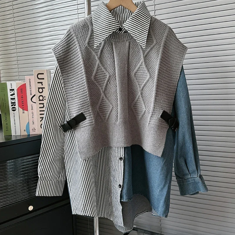 

Полосатая джинсовая рубашка, вязаный жилет, комплект из двух предметов, отложной воротник на пуговицах, рубашки с длинными рукавами, майки без рукавов, весенняя мода, комплект из 2 предметов