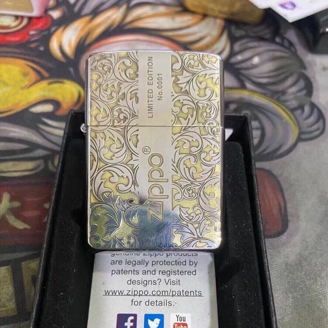 Mechero Zippo Edición Limitada Vintage dorado patrón Floral arte de flores accesorio de colección a prueba de viento en caja