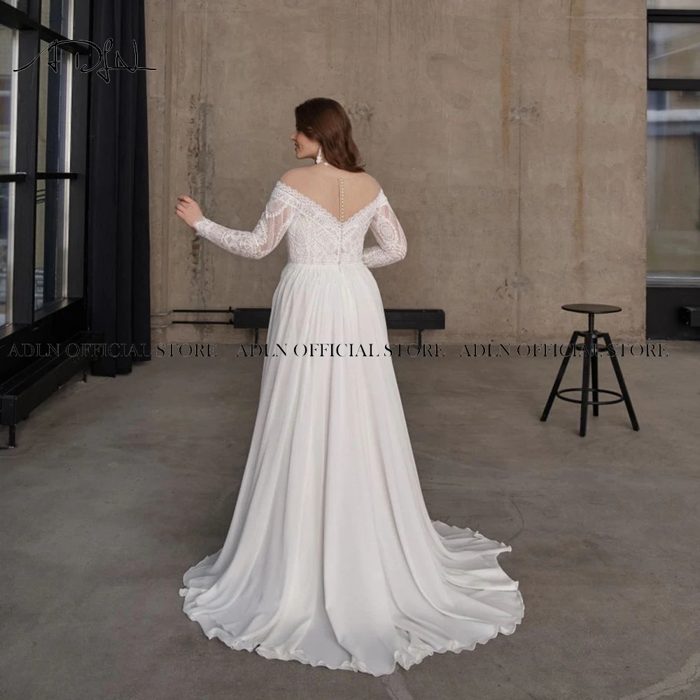 Chic Chiffon Plus Size Wedding Dresses Customized Long Sleeves Side Slit Bride Dress Boho Beach Bridal Gown Customized