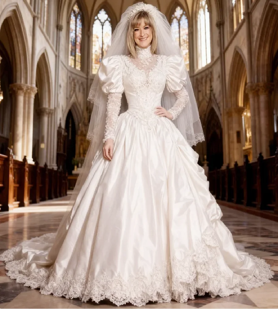 Vestidos de Novia Estilo Gigot de los 80, 2026, Cuello Alto, Manga Larga, Encaje, Vestidos de Novia Coreanos, Plisados, con Volantes, Estilo Regencia para Iglesia