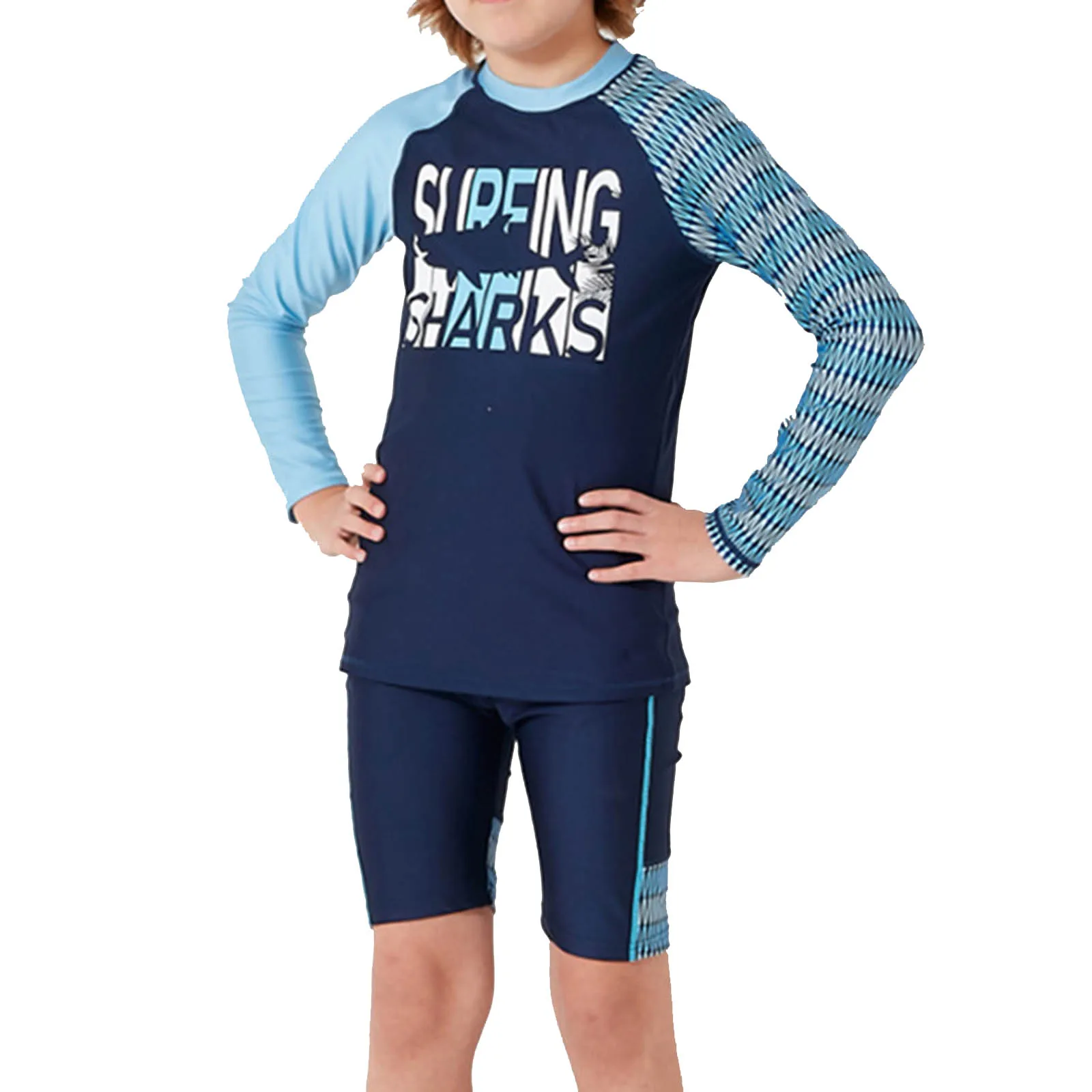 3Pcs Kids Boys Swimwear Set Beach Surfing Bathing Suit Long Sleeve Top Shorts and Swim Cap Rash Guard Swimsuit Outfit 9-14Years