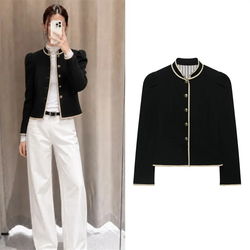 Guobioziy Women's Jacket 2026 Fall New Arrival, Elegant and Simple Long-Sleeve Stand Collar Blazer with Contrast Trim