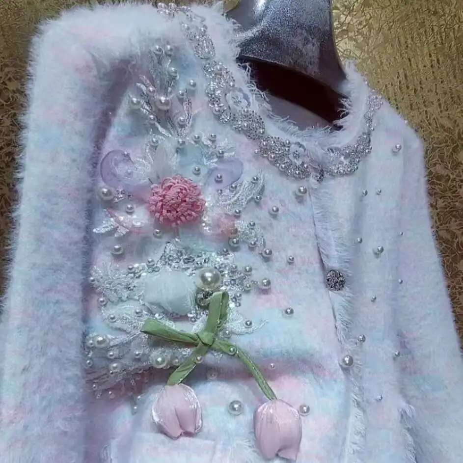 Nowość Jesień Zima 2024 Trend Bg Cekinowy 3D Wers Dias Guziki Dzianinowy Kardigan Damski Słodki Sweter Płaszcz