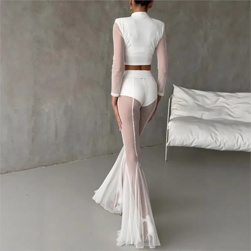 Pantalon évasé en maille transparente pour femmes, blanc/noir, taille haute, jambes longues, coupe cintrée, Chic, décontracté, Perspective, mode pour dames