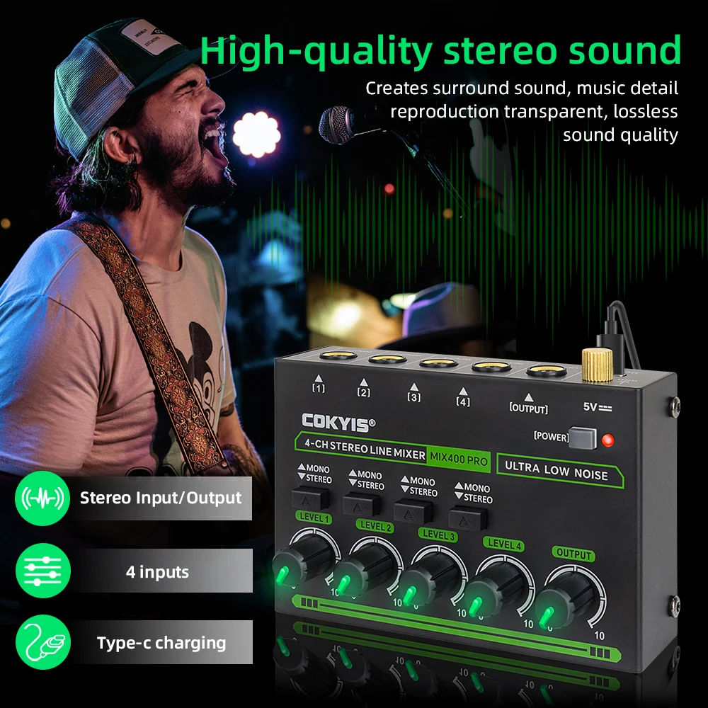 4 Channel Professional Sound Mixer With RGB Light Mini Audio Mixer Line Mixer