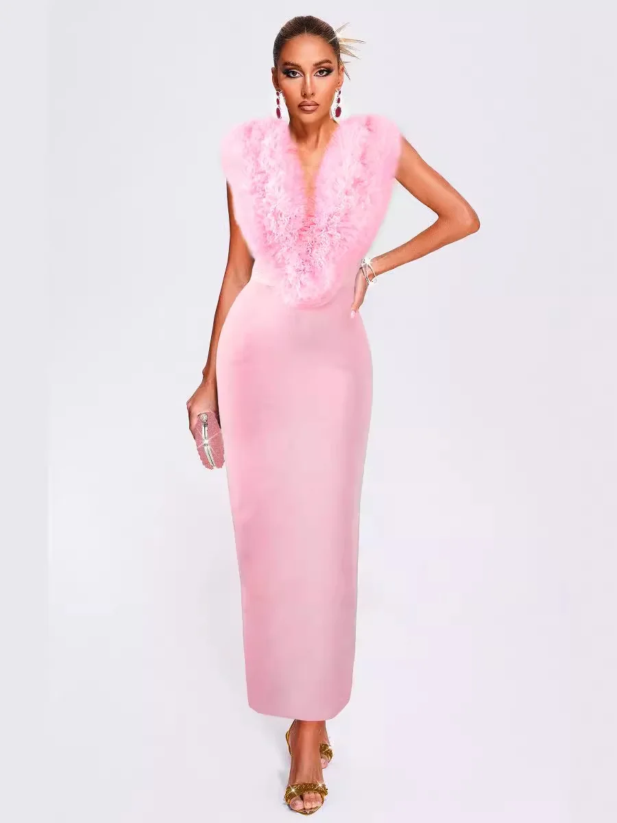 2025 novo chique de luxo feminino celebridade sexy sem mangas malha babados vestido rosa elegante festa à noite clube vestido