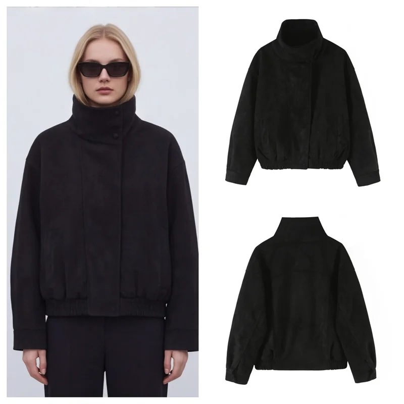 Guobioziy Women's Autumn Jacket Faux Suede High Neck Long Sleeve Elasticated Hem Casual Fashion Loose Street Outerwear