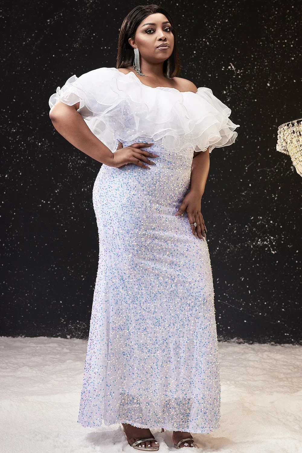 Plus Size Women Formal Dress White Off The Shoulder Ruffle Sequin Maxi Dress Cocktail Wedding Guest Bodycon Mermaid Dress