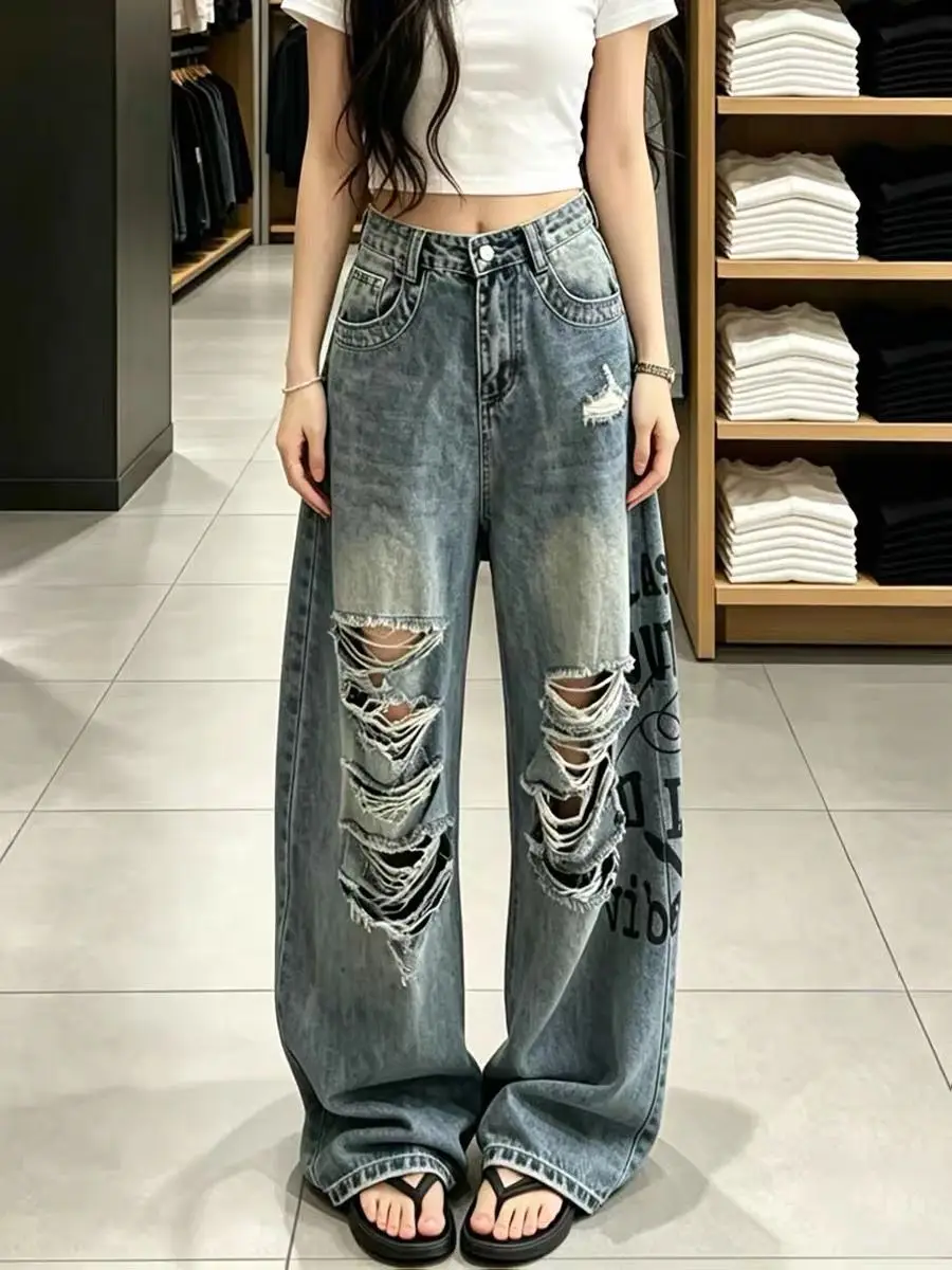 

American Street Holes Women Jeans Fashion Street Casual Loose Woman Jeans High Waist Y2K Summer New Straight Leg Pants Female