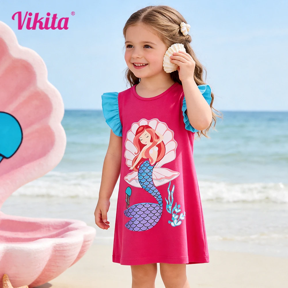 Mädchenkleid mit süßem Meerjungfrauen-Print, Kinderkleid mit ausgestellten Ärmeln, rosa Sommerkleid, Kinderkleid aus Baumwolle, lässig, täglich, weich, Outfits, Kleider