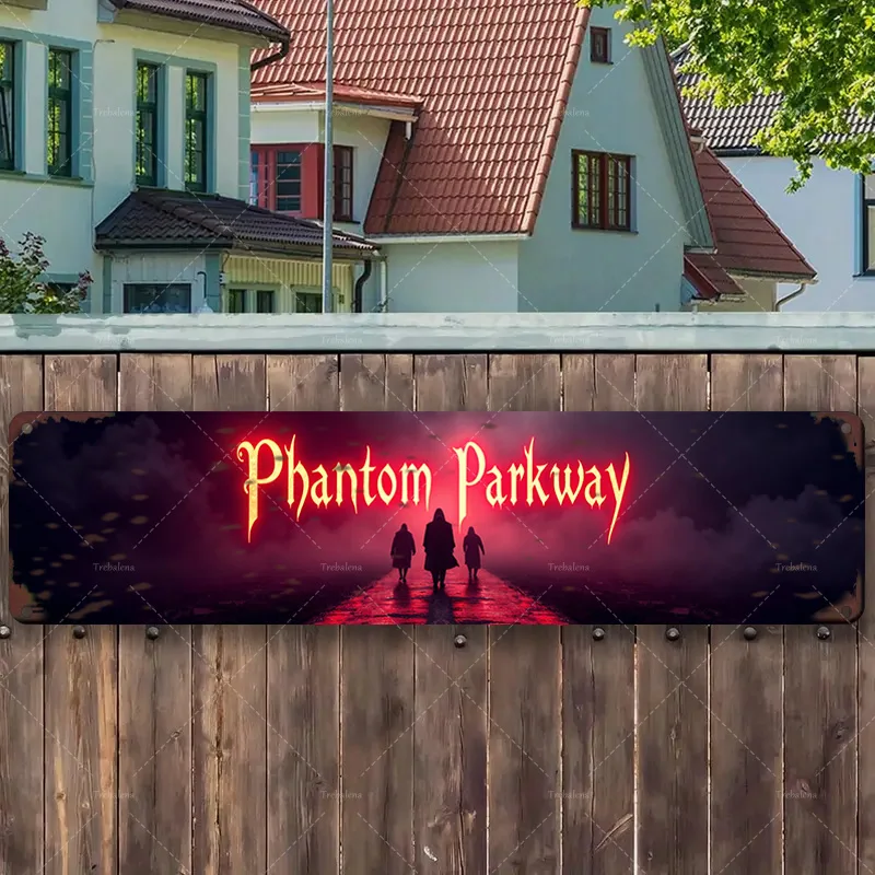 

1 шт. металлическая вывеска, 4x16 дюймов «Фантомная парк: жуткая ночная сцена со светящимся красным текстом на металлической вывеске в деревенском стиле»