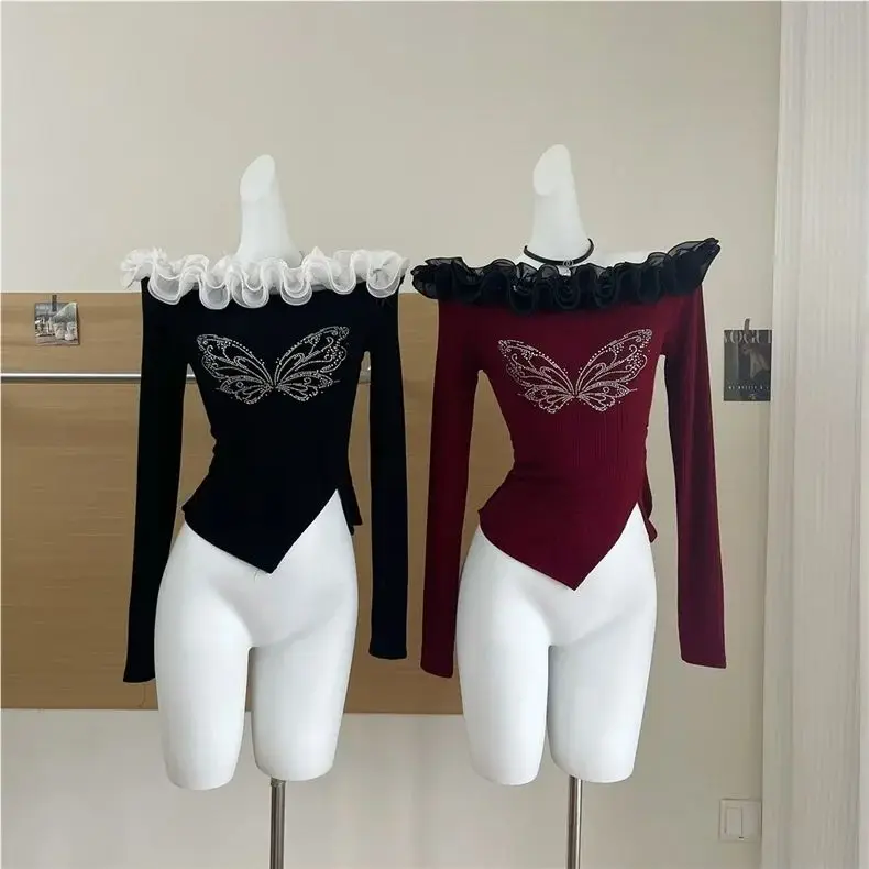 One-shoulder American lace hottie T-shirt for women 2024 autumn and winter new long-sleeved slim sexy top