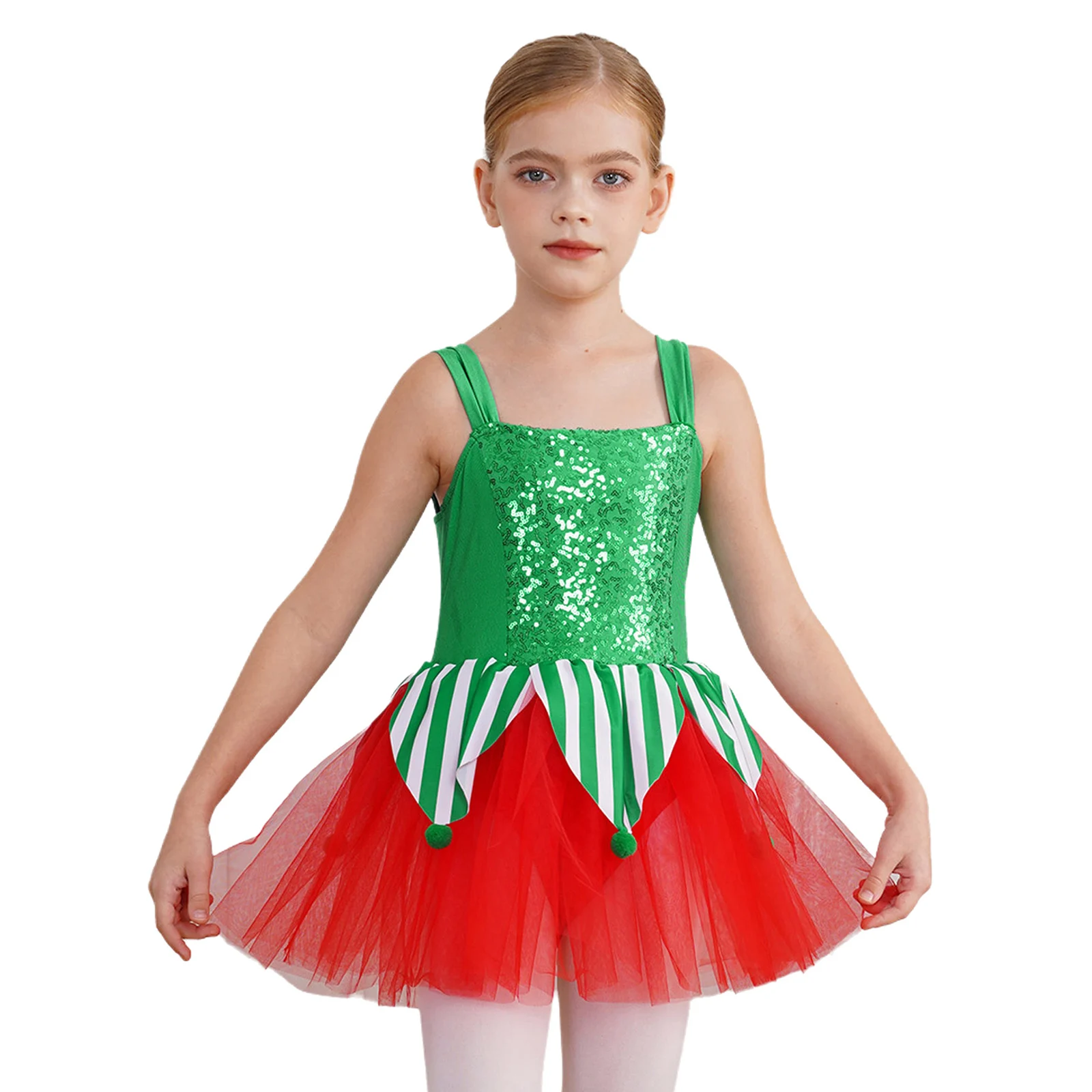 Kid Girl Christmas performance Costume Striped Triangle And Velvet Pom-poms Mesh Patchwork Sequins Jumpsuit Dress