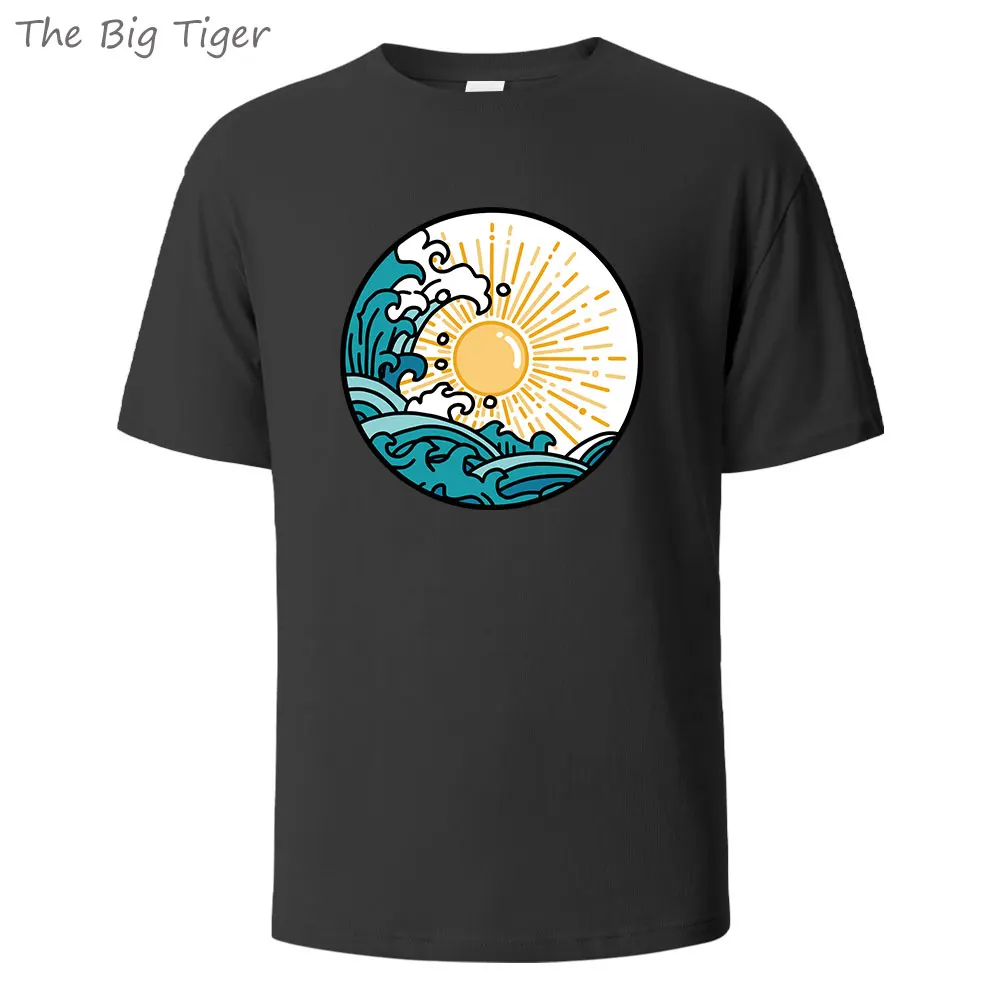 Sonne und Welle bedrucktes, atmungsaktives Baumwoll-Rundhals-T-Shirt, minimalistisches Design, leichter Stoff, Unisex, Basic-Herren-T-Shirt-Oberteil