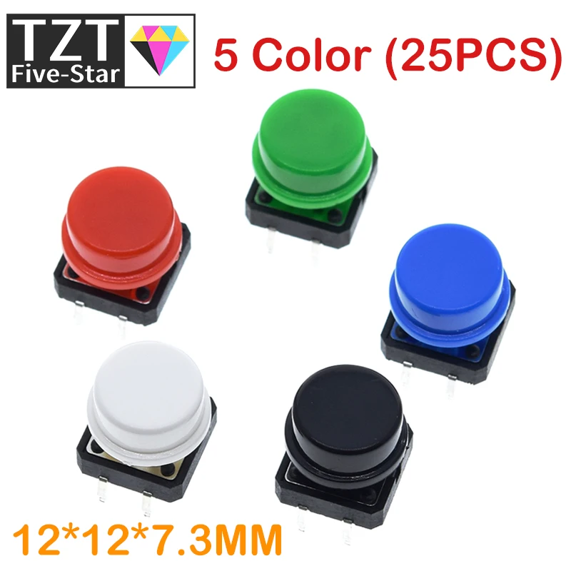 25PCS Tactile Push Button Switch Momentary 12*12*7.3MM Micro switch button + 25PCS Tact Cap(5 colors) for Arduino Switch