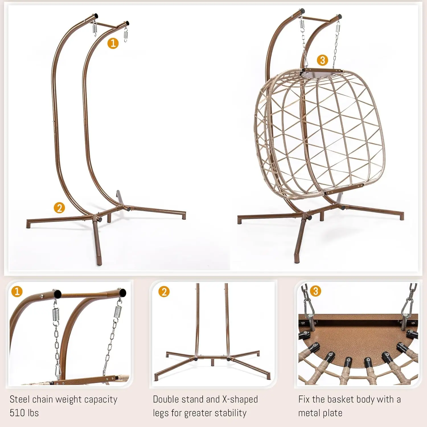 Übergroßer, doppelt hängender Eierstuhl für drinnen und draußen, mit Ständer, faltbar, PE-Korbgeflecht-Loveseat-Hängesessel (Beige/Beige, 2 Sitze)