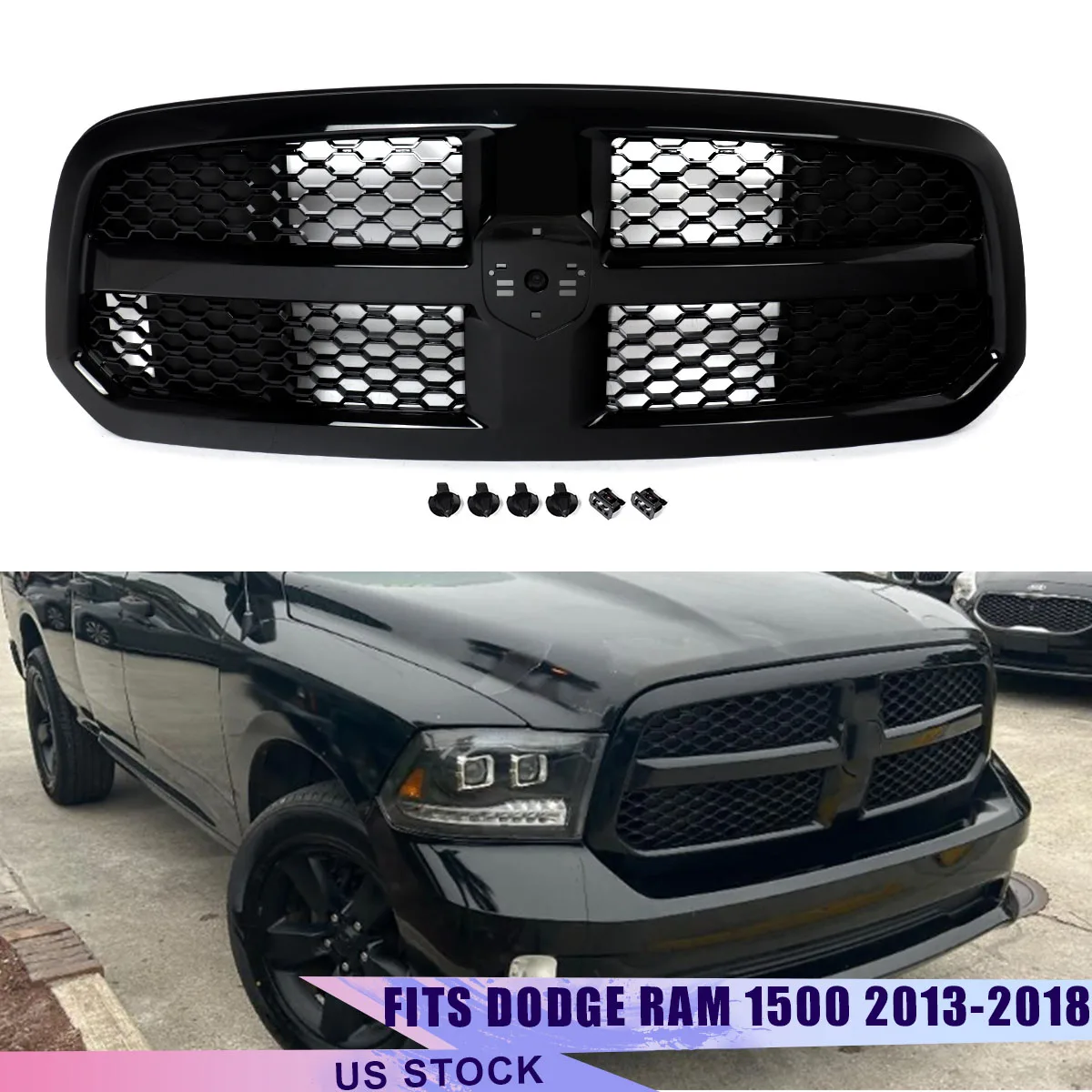 Glossy Black Front Bumper Grille For Dodge Ram 1500 2013-2021 Tradesman Honeycomb Front Upper Grille Radiator Grid Grill Cover