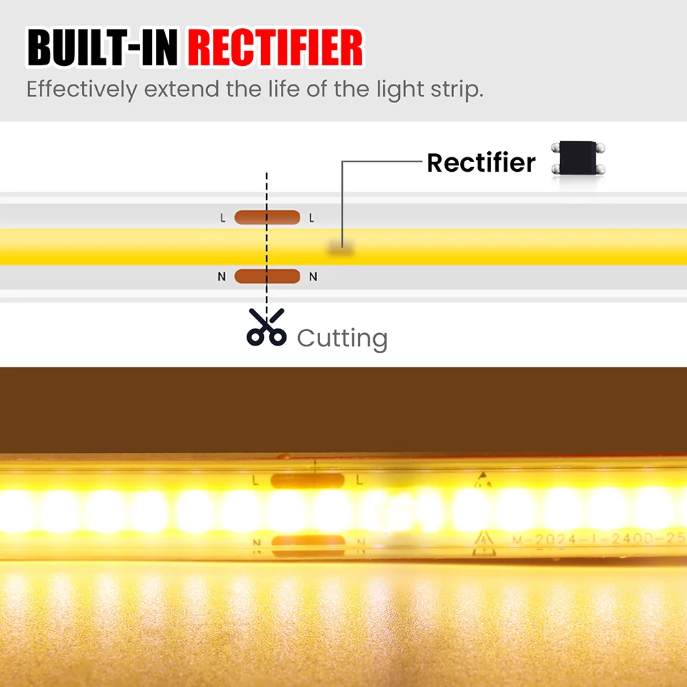 220V Dimmer Switch COB LED Strip Light Power Kit 5m 10m 20m 50m 100m 0.5m 240LED Flex Adhesive Tape White RA90 Linear Lighting