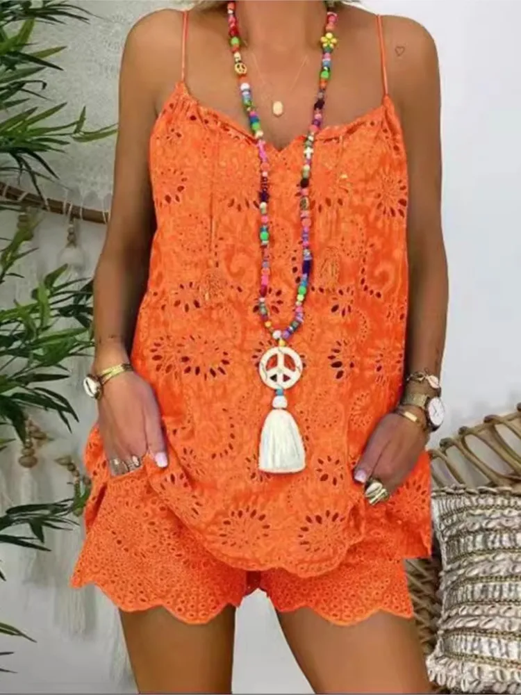 Fashion Solid Color Short Two Piece Set Women Sexy Hollow Out Flower Ruffles Camisole Shorts 2 Piece Sets Female Streetwear New