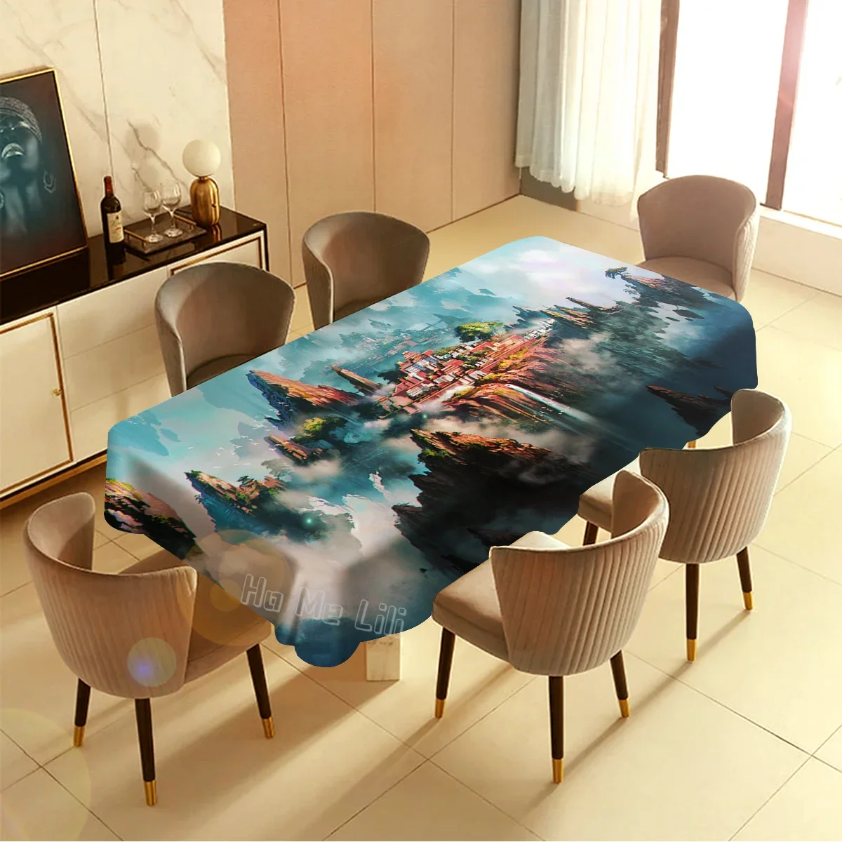 High Altitude Island Village Cloud Mist Crane Wonderland Blue Sky By Ho Me Lili Table Cloth Rectangle