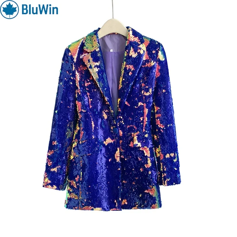 

BluWin Sequin Blazer Women Single Button Notched Lapel Shiny Multicolor Effect Party Nightclub Jacket