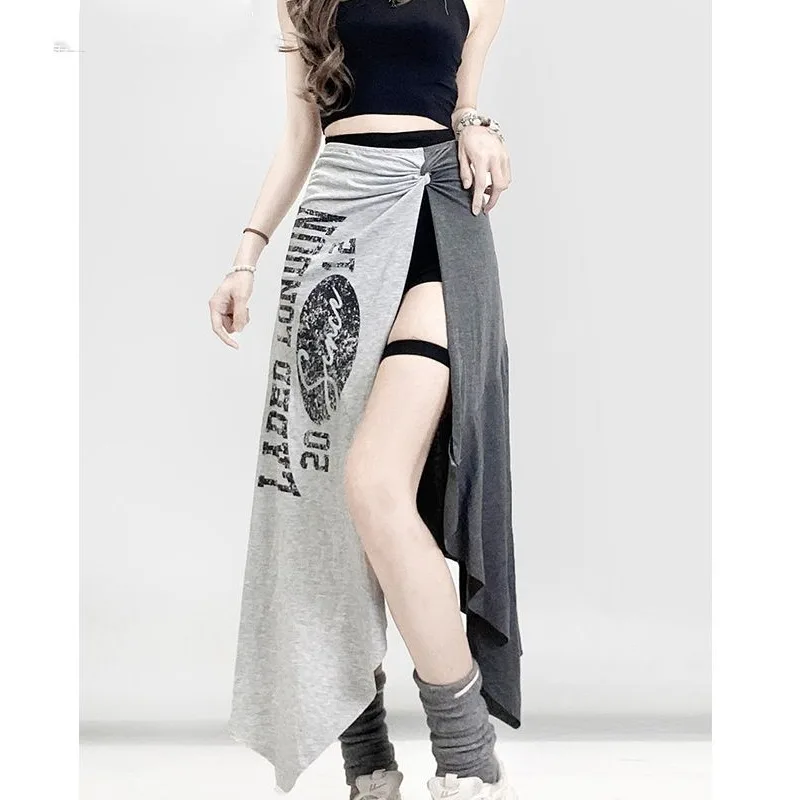 Women's A-Line Midi Skirt Asymmetrical Slit Sporty Retro Lettering Casual Long Skirt Korean Style Commute Polyester Fiber