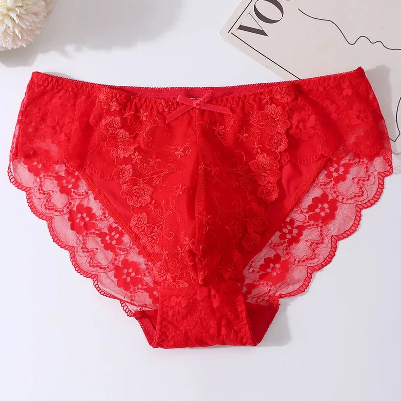 

Man's Sexy Red Pink Sissy Lace Bow Briefs Cross-dressing Flower Embroidery Pouch Panties DJ Club Private Party BF Sexy Costumes