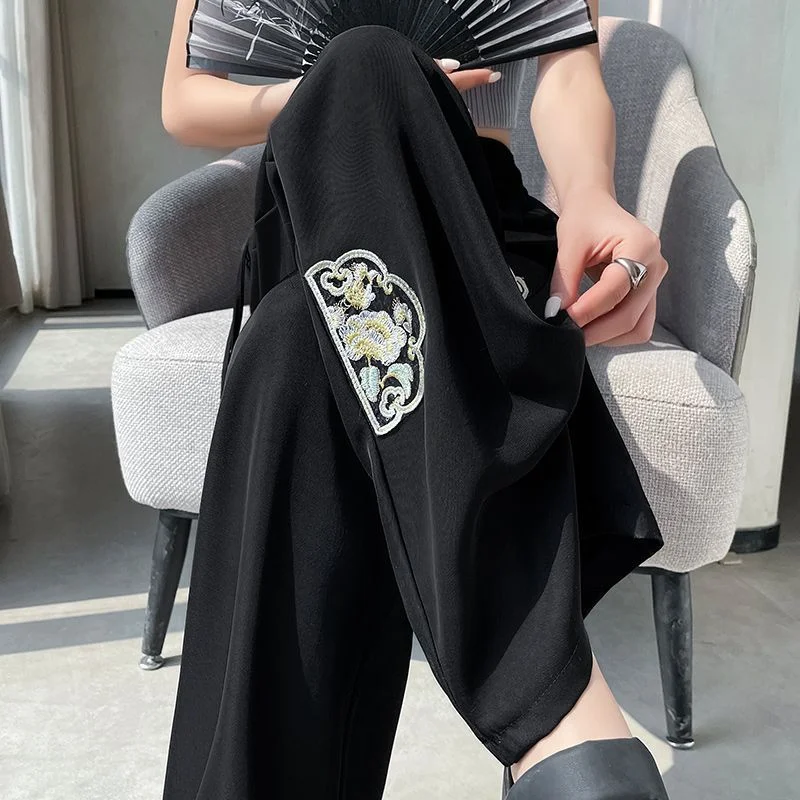 Calças de perna larga para mulheres no verão fino estilo chinês bordado moda casual calças retas soltas e finas e na moda