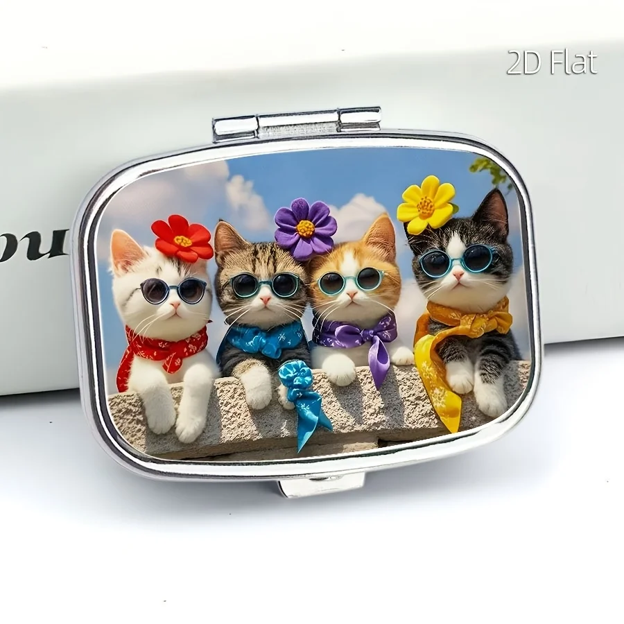 A cute and stylish square portable box, a vitamin storage box that can be placed in a bag or purse, a small multi-functional metal pill box for jewelry storage, an essential travel organizer, and a unique holiday gift option. Flat printing, flat surface