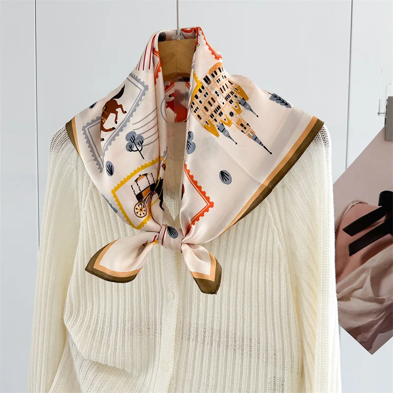 100% MULBERRY SILK 65X65cm Vintage Stamp Equestrian Castle Square Scarf Cream Base Olive Trim Bandana Women Office Travel Gift - view 5