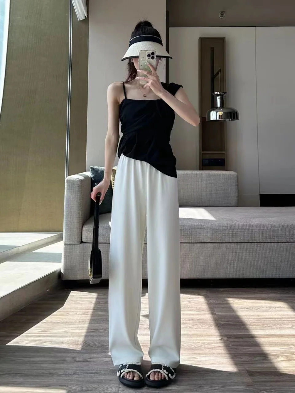 Hot discount 2024 Summer Women's Thin Ice Silk Cool and Smooth Pants Wide Leg Straight Tube Pants Children's Suit Floor Towers