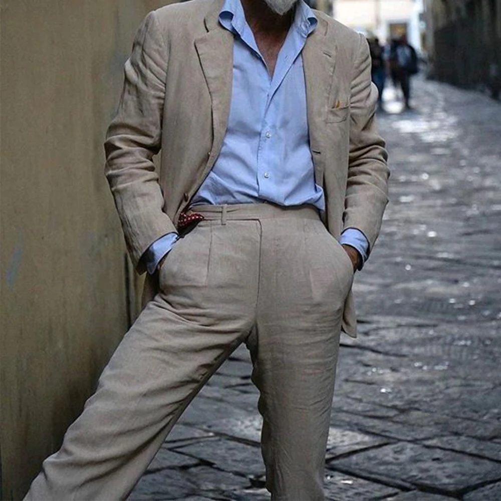 

Men Suit 2 Piece Set Cotton Linen Single Breasted Notch Lapel Slim Fit Comfortable Business Casual Elegant Blazer Pants Outfit F