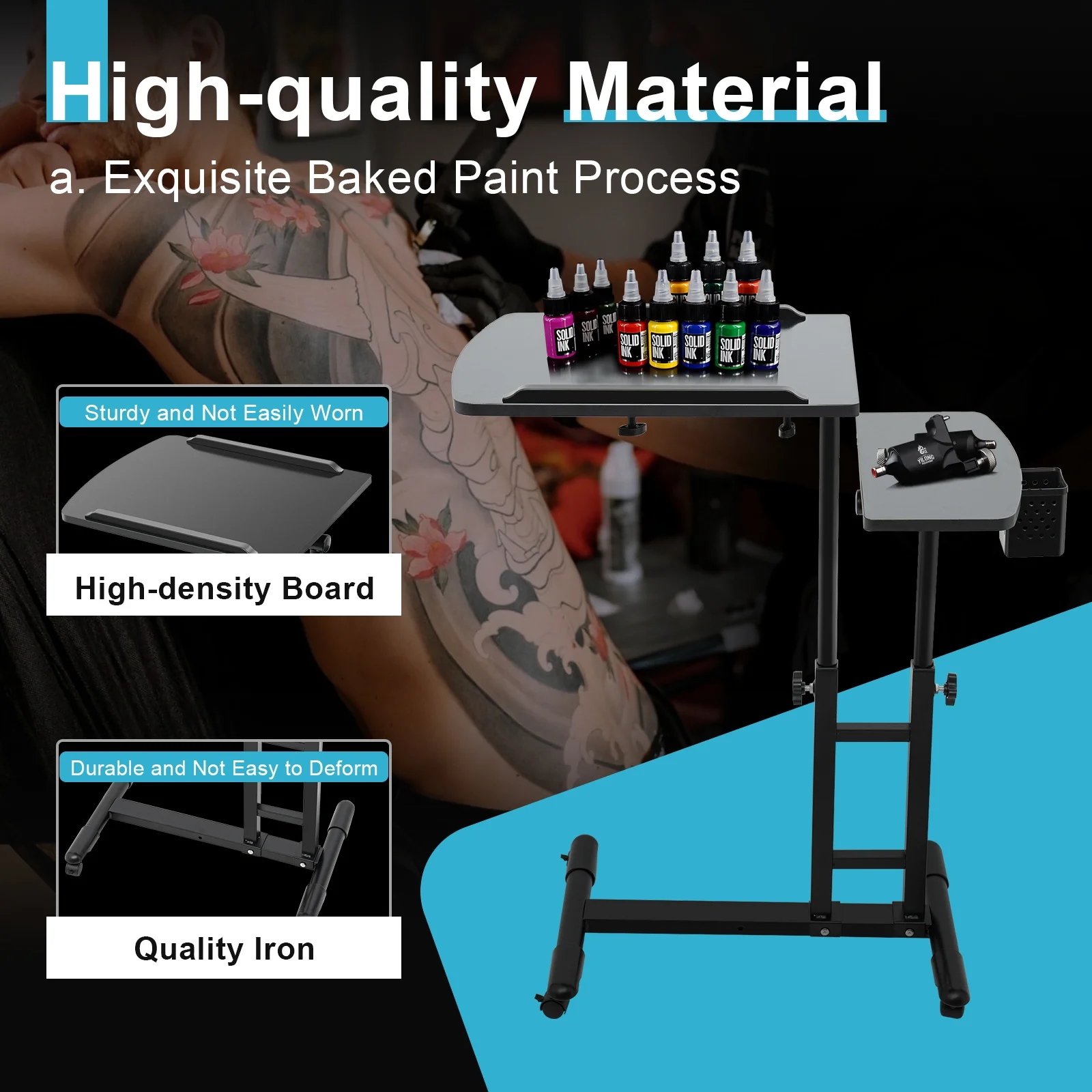 

Height Adjustable Tattoo Table Station with Universal Wheels Portable Arm Rest Stand Workbench Hair Salon Trolley Black