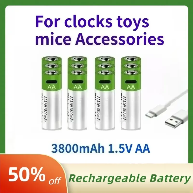 

High-quality 3800mAh 1.5V AA Li-ion Rechargeable Battery with USB-C Fast Charging Suitable for Clocks Toys Mice Accessories